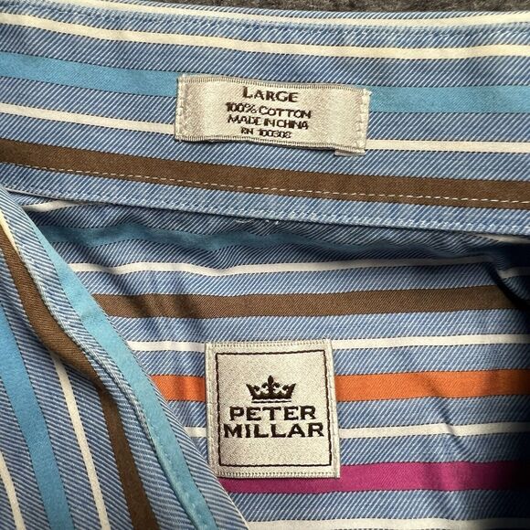 Peter Millar Shirt Men's Large Blue Striped Long Sleeve Button Cotton - Picture 2 of 6